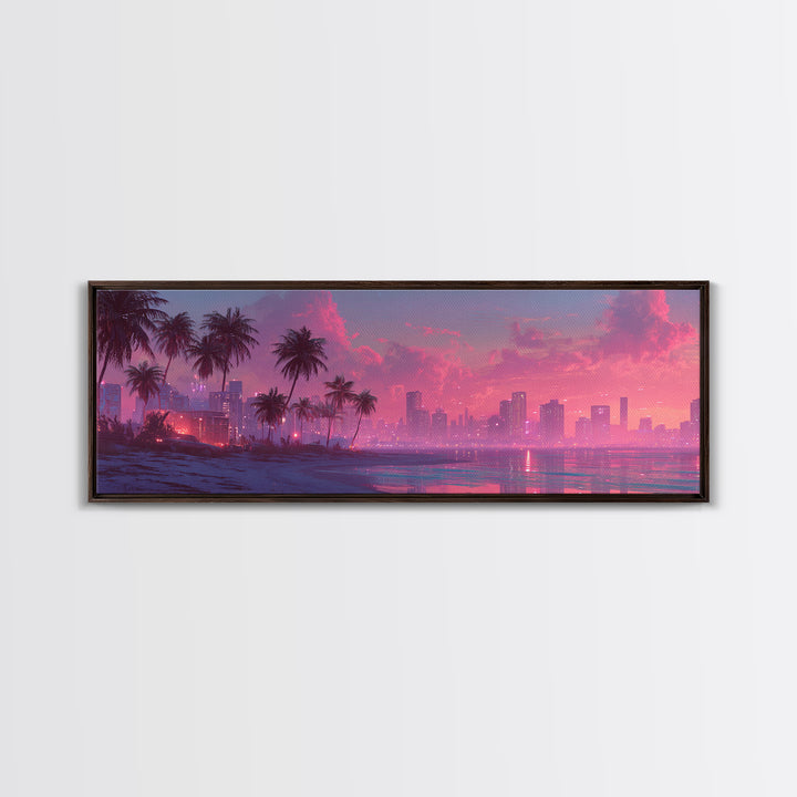 Pink Coastal City Beach Wall Art, Palm Skyline Canvas Print, Tropical Ocean Decor, Miami Style Poster, Modern Living Room Decor