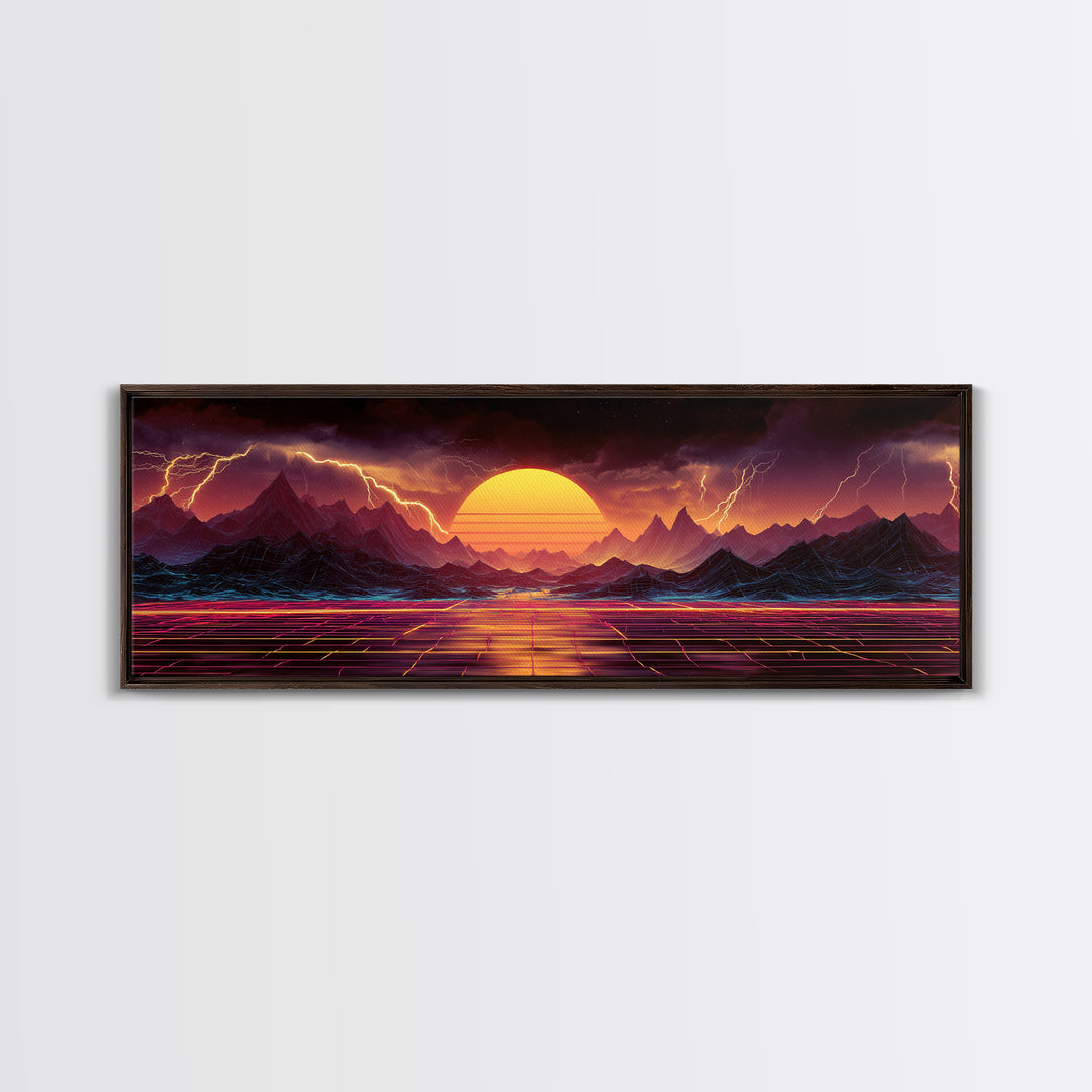 Neon Storm Mountains With Grid Sunset Wall Art, Retro Futuristic Canvas Print, Lightning Landscape For Gaming Room Decor