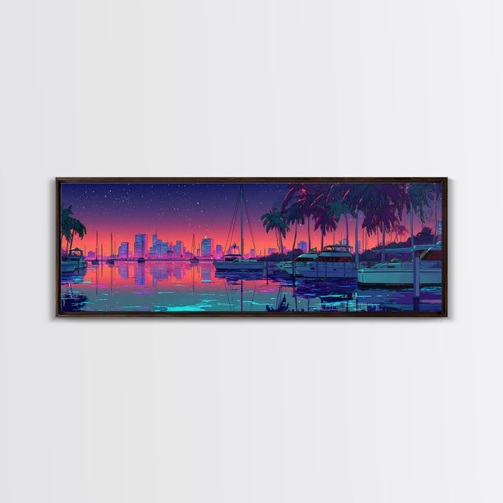 Neon Marina Skyline With Palm Trees Framed Canvas Print, Coastal City Wall Art, Miami Beach House Decor, Tropical Travel Poster