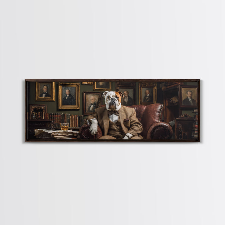 Aristocratic Bulldog In Library Chair Wall Art, Funny Animal Portrait Canvas Print, Dark Academia Office Decor Gift For Him