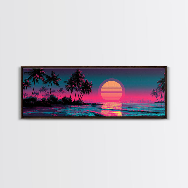 Neon Tropical Palm Sunset Canvas Print, Synthwave Beach Wall Art, Vaporwave Poster, Coastal Decor, Pink Blue Room Decor, Trendy Wall Decor
