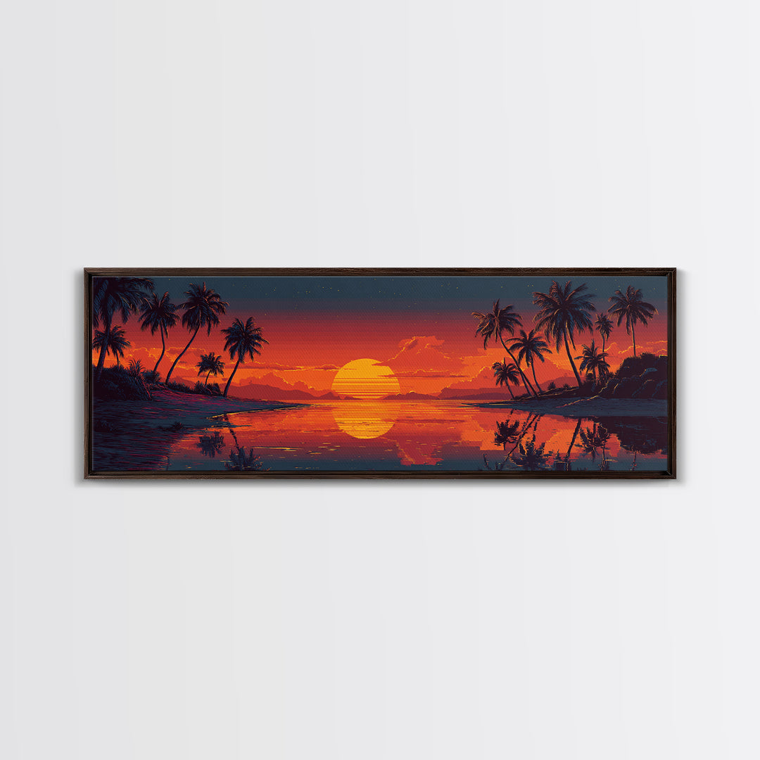 Retro Tropical Sunset Lagoon Wall Art, Pixel Beach Canvas Print, Palm Tree Decor, Coastal Wall Art, Vibrant Wall Decor, Home Decor