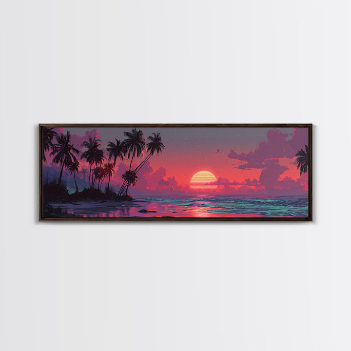 Tropical Island Sunset Canvas Print, Retro Beach Wall Art, Palm Tree Ocean Decor, Modern Coastal Bedroom Poster, Summer Vibes