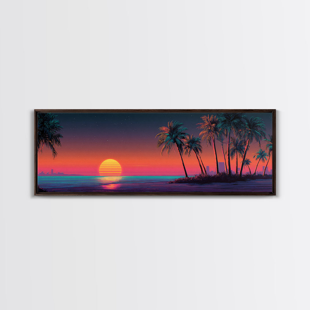 Retro Neon Beach Sunset With Palm Trees Wall Art, Synthwave Coastal Canvas Print, Tropical Ocean Decor, Large Panoramic Living Room Art