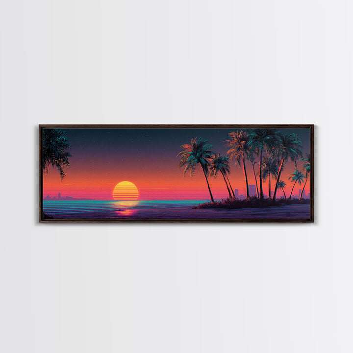 Retro Neon Beach Sunset With Palm Trees Wall Art, Synthwave Coastal Canvas Print, Tropical Ocean Decor, Large Panoramic Living Room Art