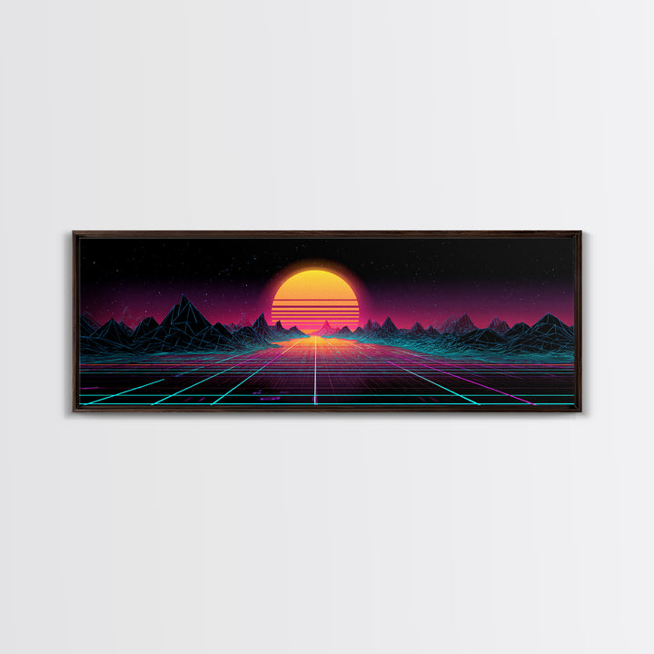 Retro Synthwave Sunset Mountain Wall Art, Vaporwave Canvas Print For Gaming Room Decor, Neon 80s Poster And Dorm Decor Gift