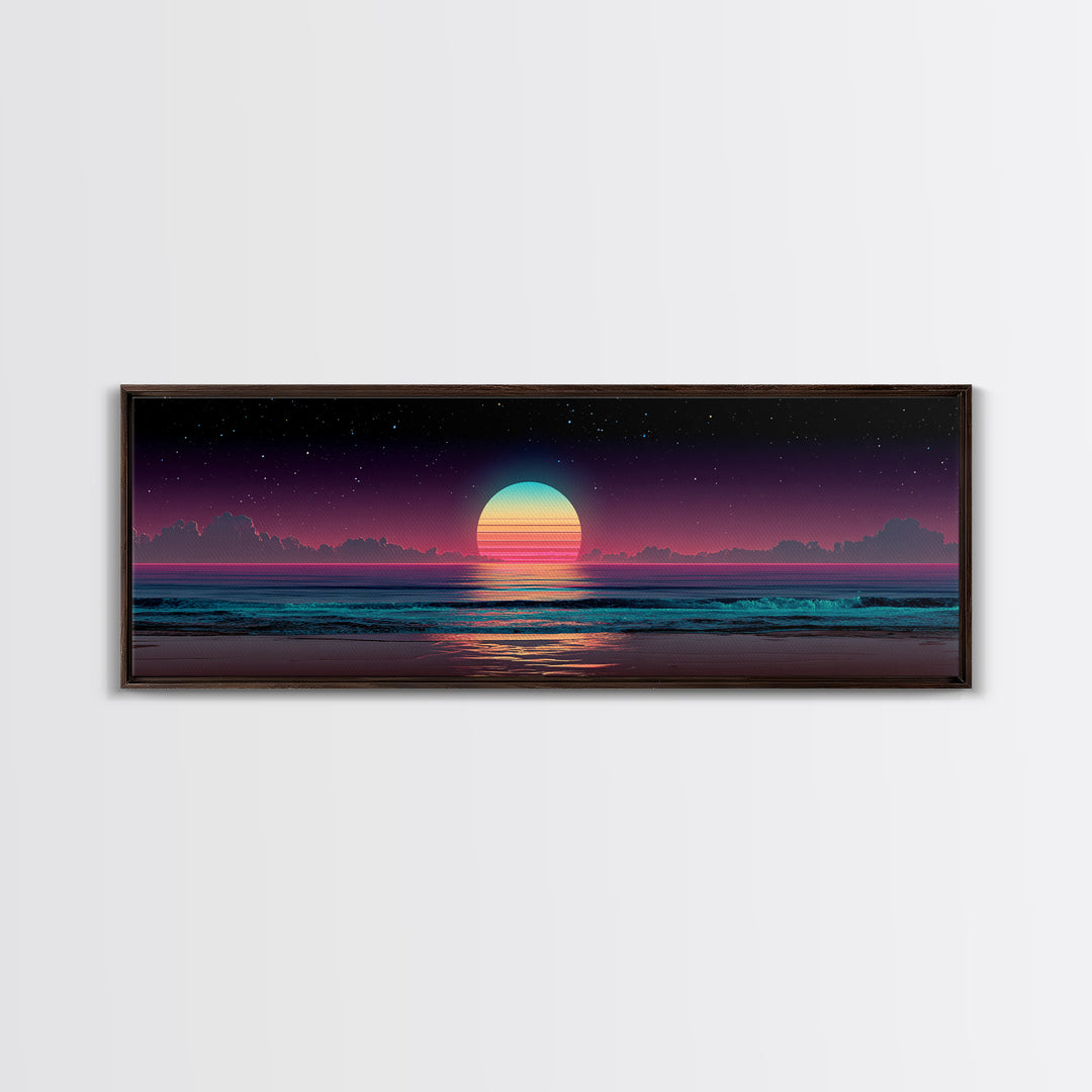 Retro Cosmic Ocean Sunset Canvas Print, Neon Beach Wall Art, Synthwave Seascape, Coastal Decor, Bedroom Poster, Home Decor