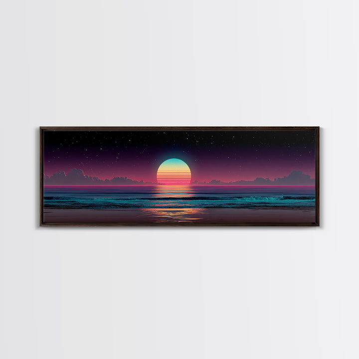 Retro Cosmic Ocean Sunset Canvas Print, Neon Beach Wall Art, Synthwave Seascape, Coastal Decor, Bedroom Poster, Home Decor