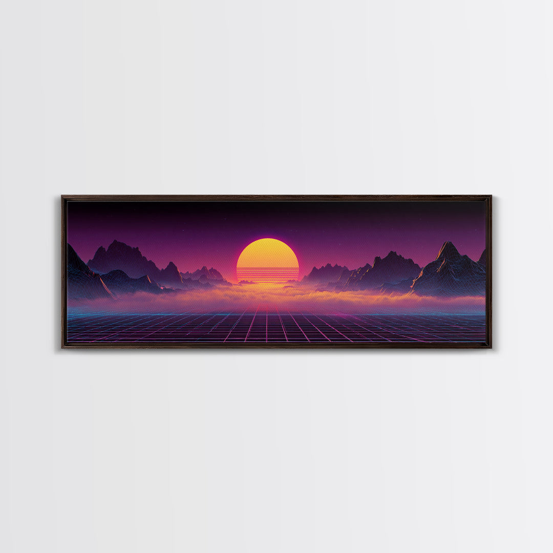 Neon Retro Futuristic Sunset Wall Art, Synthwave Mountain Grid Canvas, Vaporwave Decor, Gaming Room Poster, 80s Art, Cyberpunk Gift