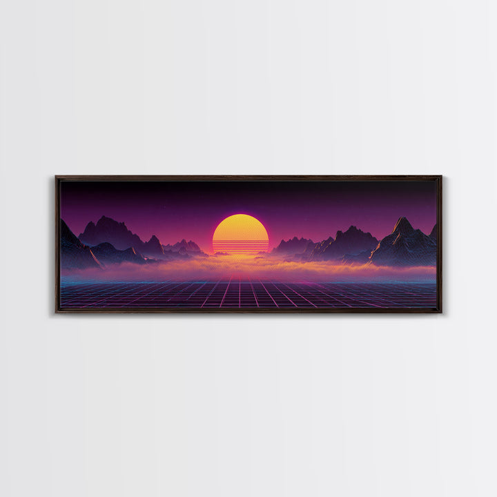 Neon Retro Futuristic Sunset Wall Art, Synthwave Mountain Grid Canvas, Vaporwave Decor, Gaming Room Poster, 80s Art, Cyberpunk Gift