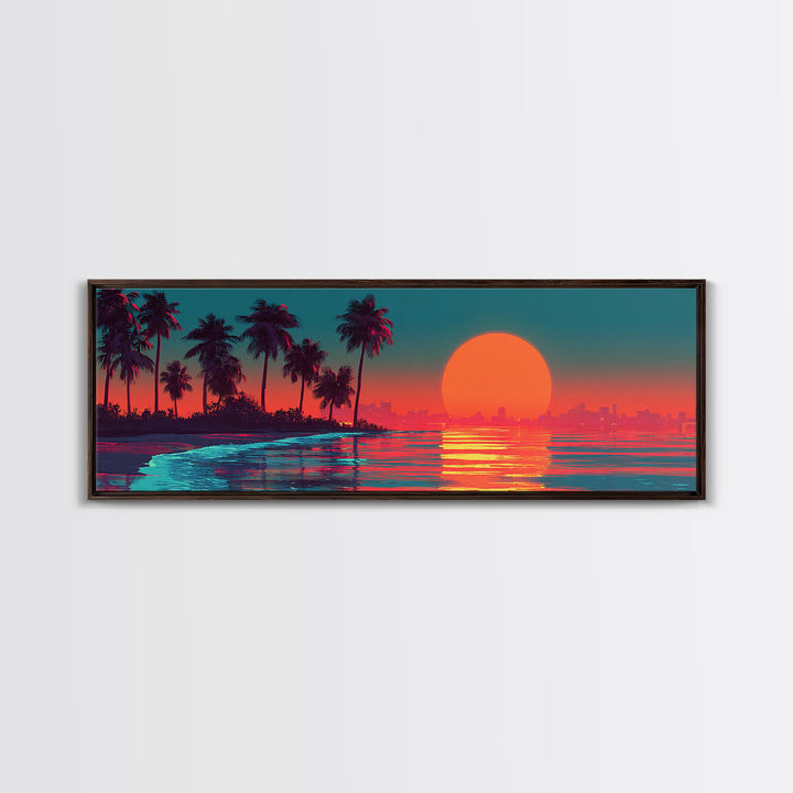 Retro Tropical Sunset Canvas Print, Palm Tree Beach Wall Art, Coastal Decor, Ocean Landscape, Summer Vibes, Large Wall Decor
