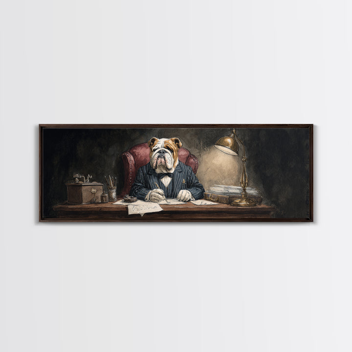 Bulldog Lawyer At Desk Framed Canvas Print, Moody Office Wall Art, Funny Animal Portrait For Law Office Decor Housewarming Gift