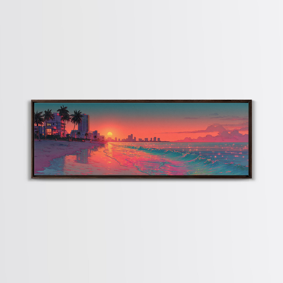 Pixel Art Beach Sunset And Neon Shoreline Wall Art, Miami Coastal Print, Retro Travel Poster, Ocean Decor For Living Room