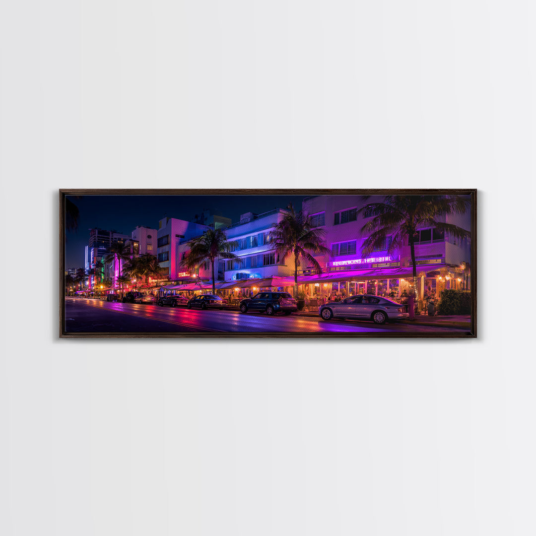 Neon Miami Beach Street Canvas Print, Art Deco Hotel Wall Art, Tropical Nightlife, Travel Poster, Cityscape Home Decor Print