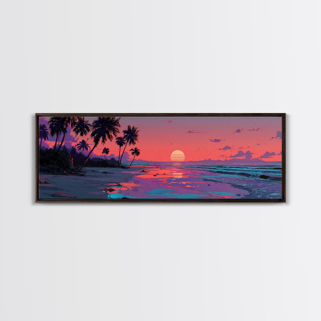 Pink Tropical Island Sunset With Palms Canvas Print, Beach Wall Art, Coastal Home Decor, Ocean Poster, Summer Gift For Her