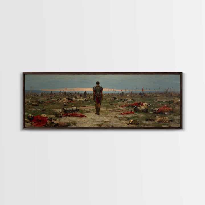 Lone Soldier Crossing Battlefield Wall Art, Panoramic Historical Landscape Canvas Print, Masculine Office Living Room Decor