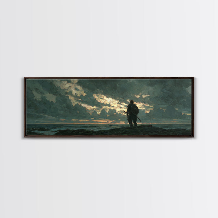 Lone Shield Warrior Under Stormy Coastal Sky Wall Art, Moody Seascape Landscape Print, Masculine Office Decor Gift For Him