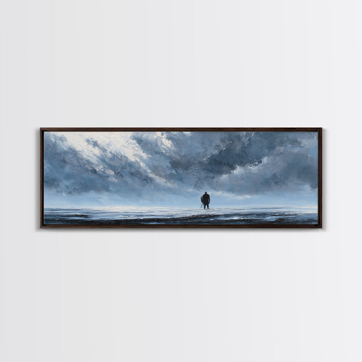 Lone Figure In Icy Storm Canvas Print, Blue Abstract Seascape Wall Art, Moody Ocean Landscape For Modern Living Room Decor