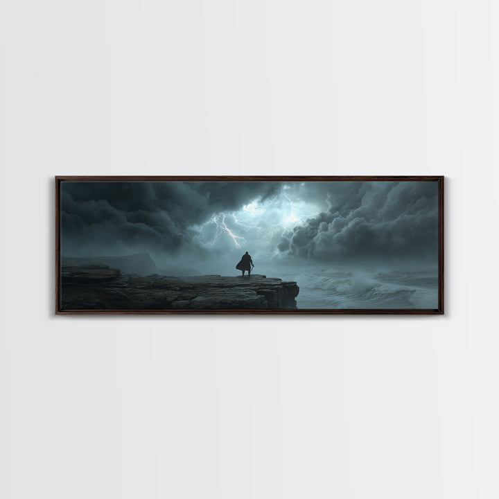 Cloaked Wanderer Under Lightning Canvas Print, Dark Storm Seascape Wall Art, Fantasy Landscape Decor, Moody Office Art Print