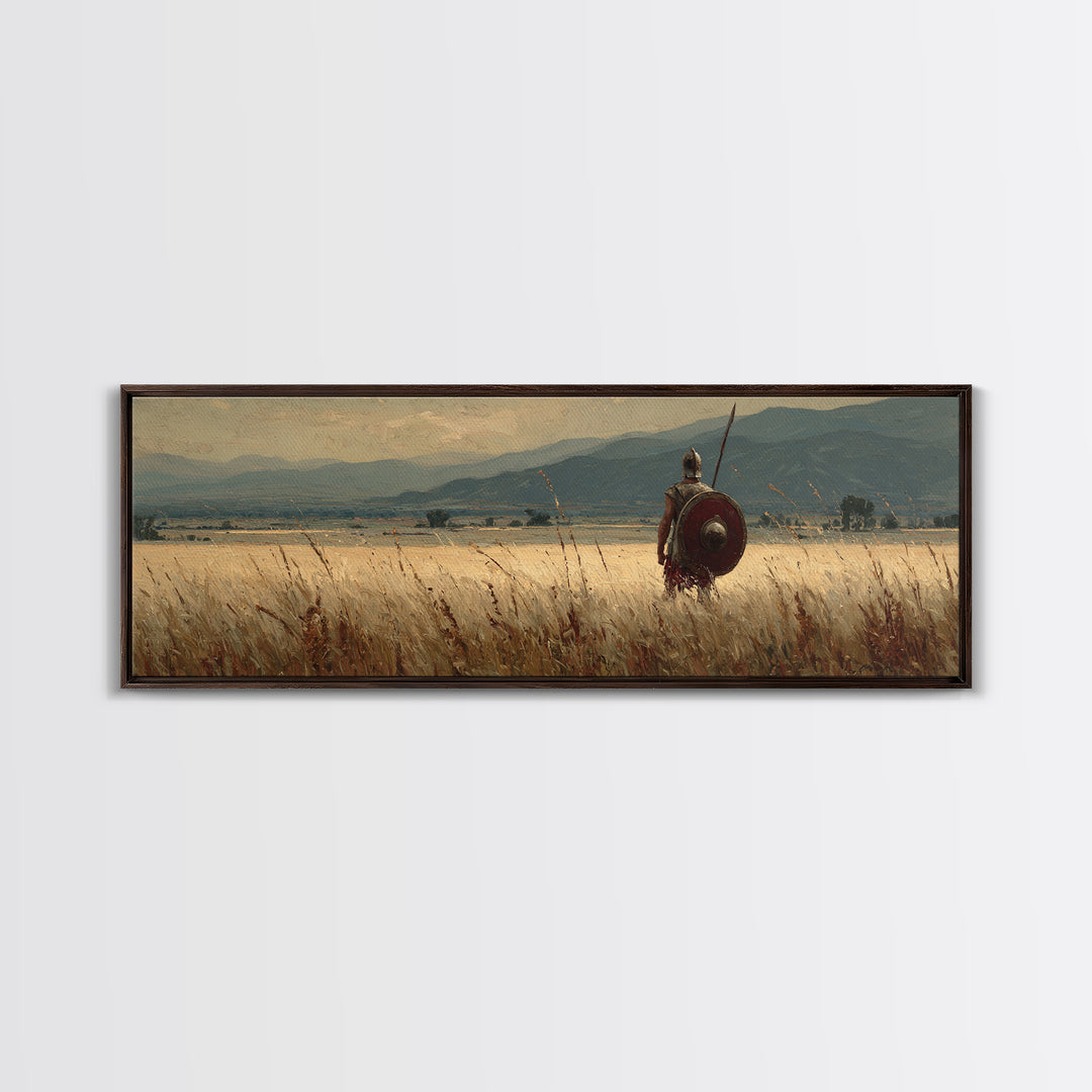 Lone Spearman In Golden Field Canvas Print, Ancient Warrior Landscape, Rustic Wall Art, Historical Decor, Long Horizontal Art