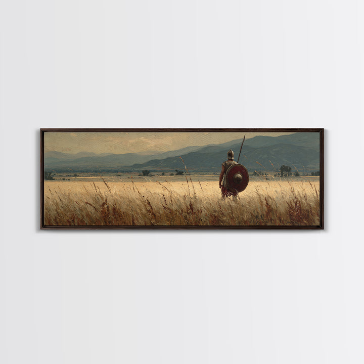 Lone Spearman In Golden Field Canvas Print, Ancient Warrior Landscape, Rustic Wall Art, Historical Decor, Long Horizontal Art