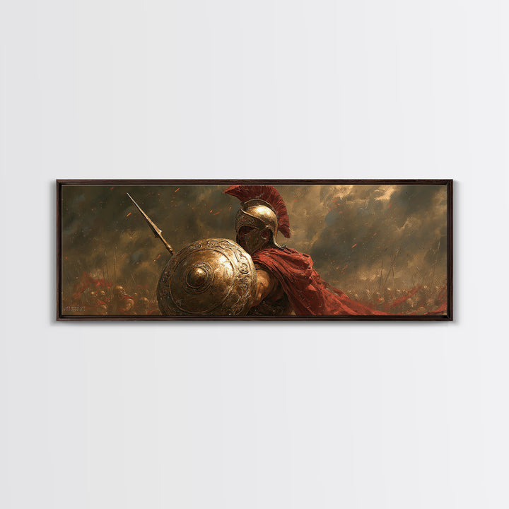 Golden Spartan Warrior With Shield Framed Canvas Print, Greek Mythology Wall Art, Ancient Battle Decor, Gift For Him, Masculine Office Decor