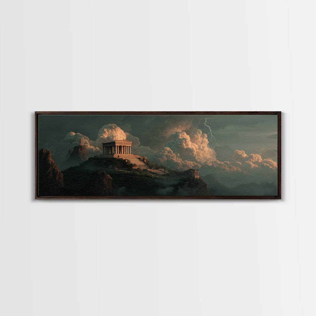 Ancient Greek Temple Above Stormy Peaks Wall Art, Mythological Landscape Canvas Print, Classical Decor, Dramatic Office Art
