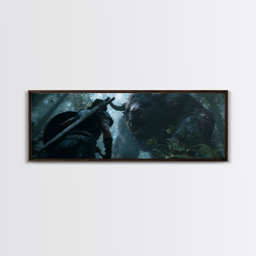 Warrior Facing Giant Forest Beast Canvas Print, Dark Fantasy Wall Art, Mythical Creature Decor, Dramatic Game Room Poster