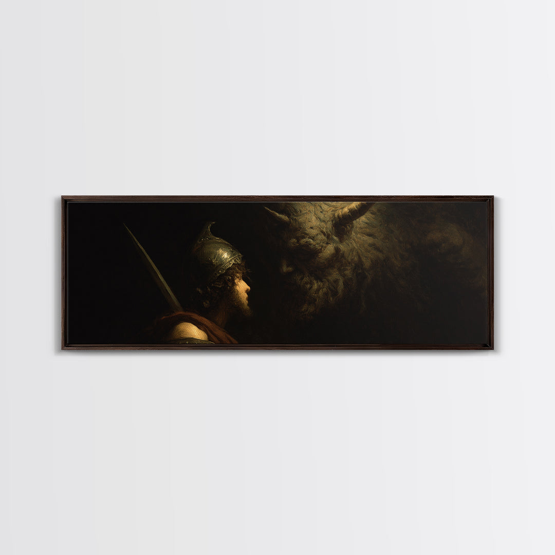 Ancient Warrior Facing Horned Beast Canvas Print, Dark Fantasy Mythology Wall Art, Dramatic Gothic Decor For Living Room