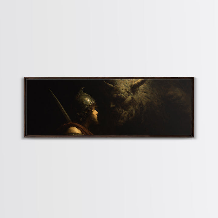 Ancient Warrior Facing Horned Beast Canvas Print, Dark Fantasy Mythology Wall Art, Dramatic Gothic Decor For Living Room