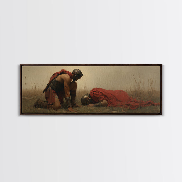 Kneeling Warrior Beside Fallen Soldier Wall Art, Historical Battlefield Canvas Print, Dramatic Masculine Living Room Decor