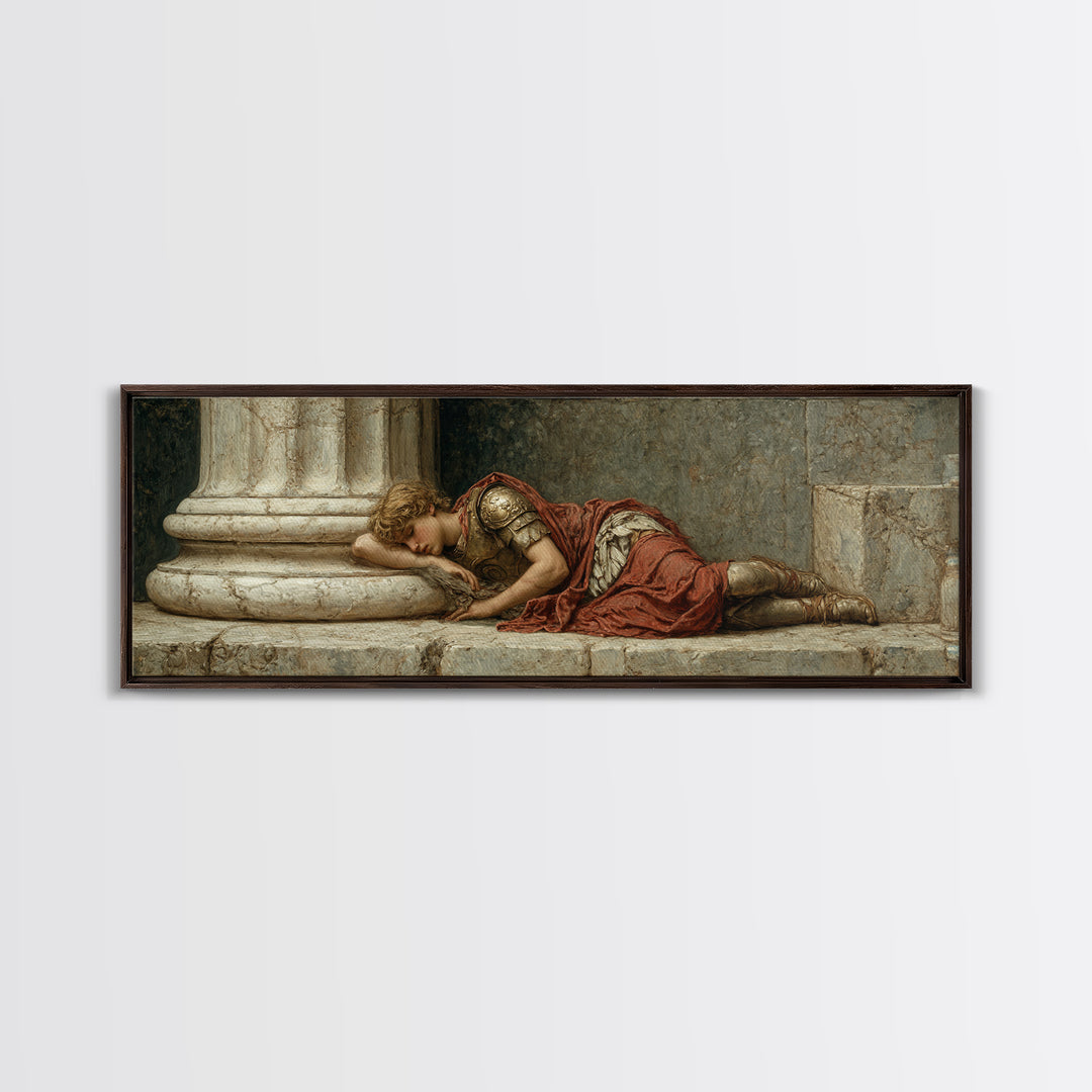 Resting Roman Soldier By Marble Column Framed Canvas Print, Classical Wall Art, Dark Academia Decor, Historical Gift For Him