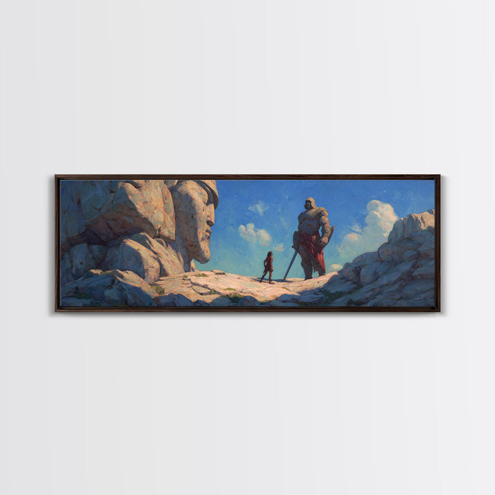 Giant Stone Guardians In Mountain Pass Canvas Print, Epic Fantasy Landscape Art, Dnd Room Decor, Adventure Wall Decor Gift