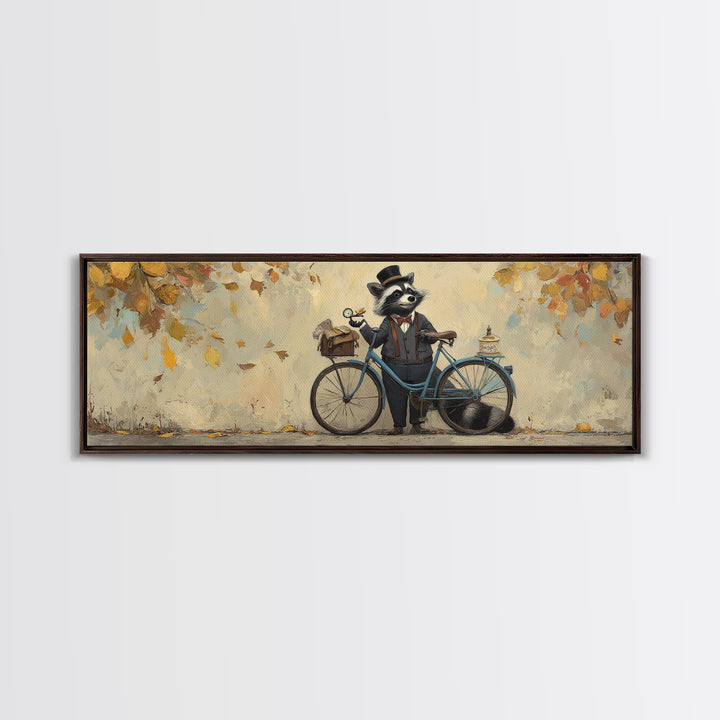 Dapper Raccoon With Bicycle Canvas Print, Whimsical Woodland Animal Wall Art, Autumn Nursery Decor, Cute Kids Room Gift For Her