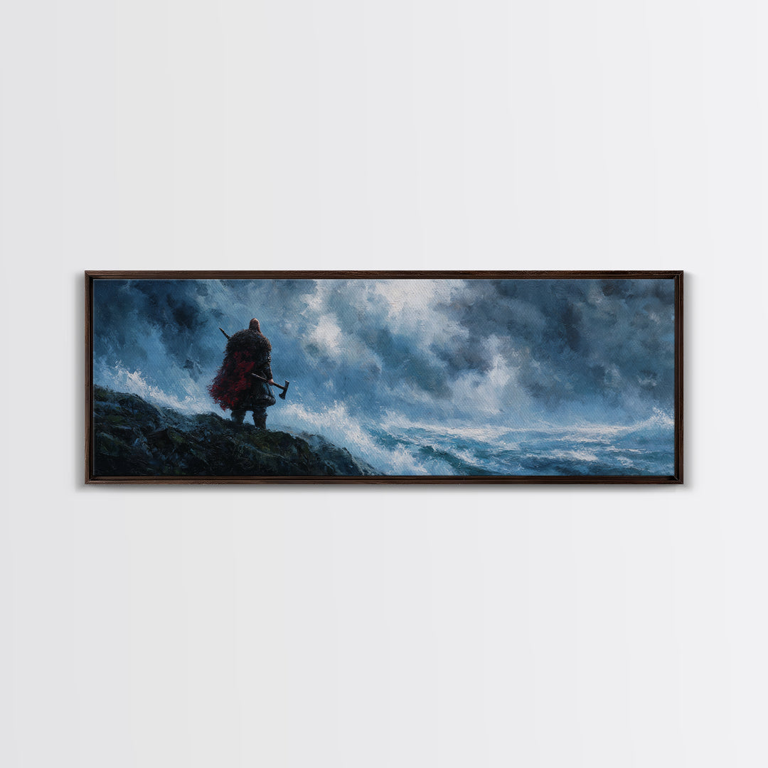Lone Viking On Stormy Shore Framed Canvas Print, Norse Seascape Wall Art, Moody Coastal Decor, Fantasy Gift For Him, Dramatic Ocean Poster