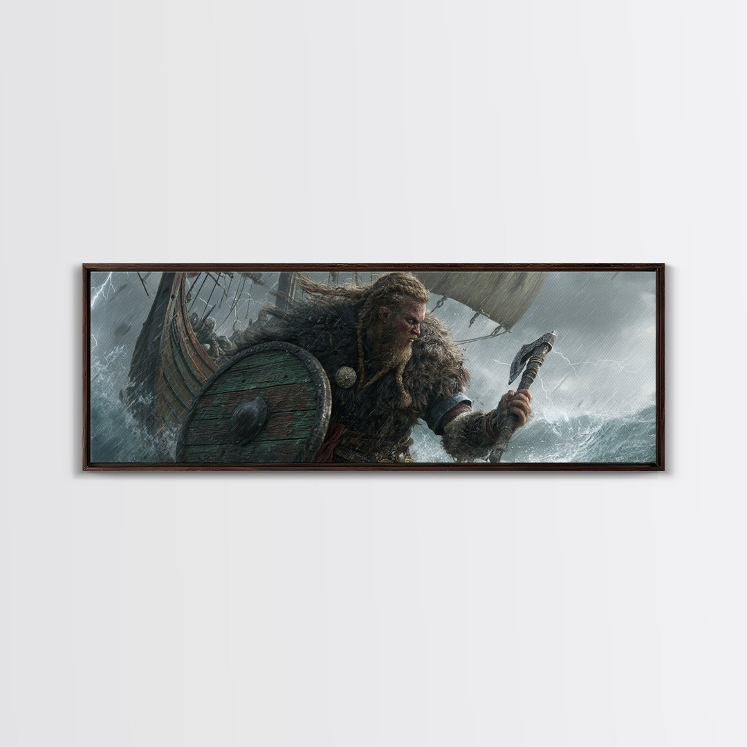 Stormy Viking Warrior At Sea Wall Art, Norse Ship Canvas, Dark Fantasy Decor, Warrior Gift, Nautical Living Room Art, Rustic Home Decor