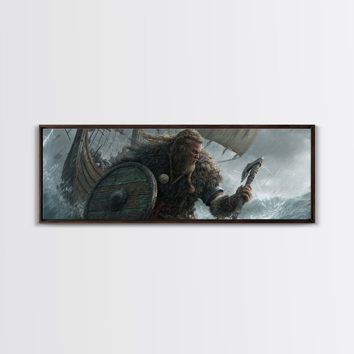 Stormy Viking Warrior At Sea Wall Art, Norse Ship Canvas, Dark Fantasy Decor, Warrior Gift, Nautical Living Room Art, Rustic Home Decor