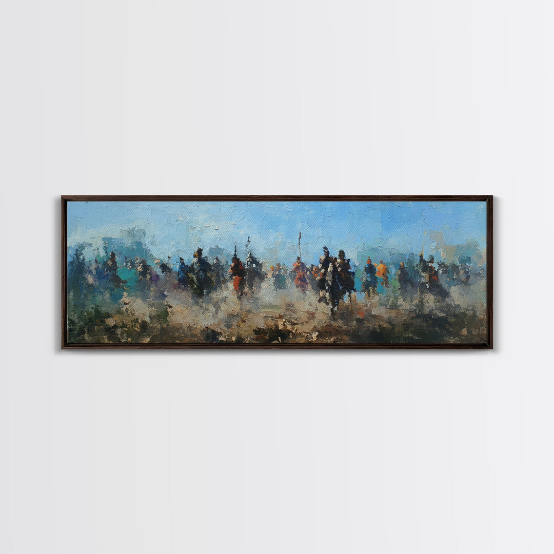 Abstract Cavalry Riders In Blue Haze Wall Art, Horseback Battle Oil Painting Print, Western Living Room Decor Gift For Him