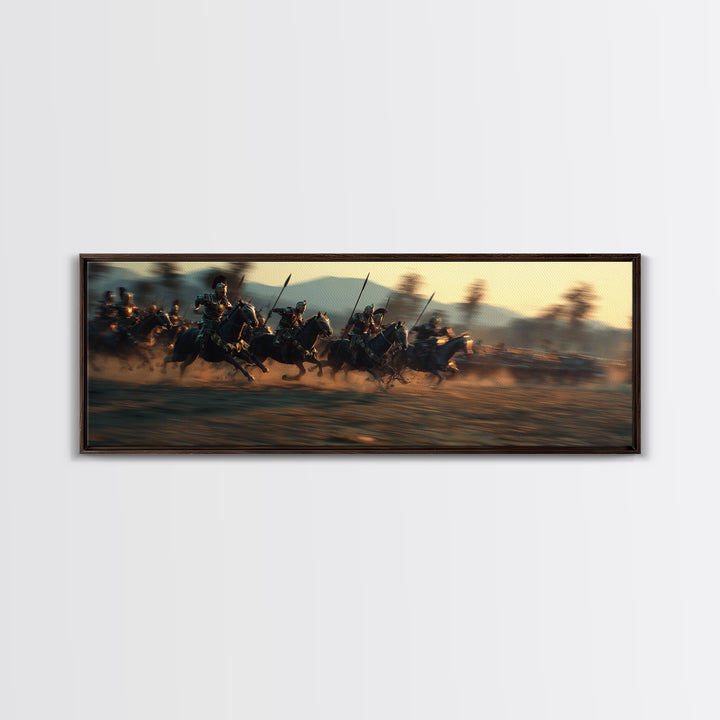 Armored Cavalry Charge At Sunset Wall Art, Epic Horse Battle Canvas Print, Western Warrior Decor, Gift For Him, Masculine Office Decor