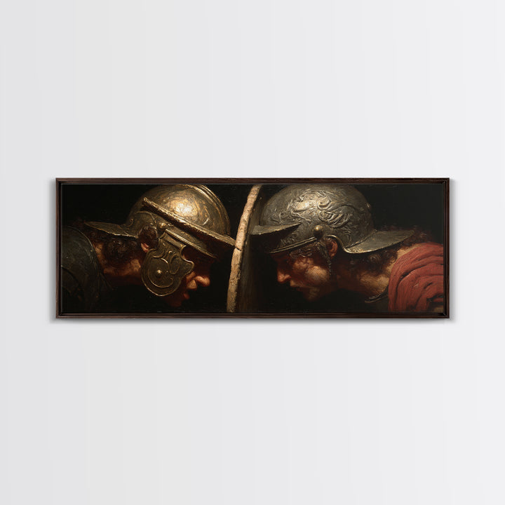 Gladiator Helmet Duel Framed Canvas Print, Ancient Roman Wall Art, Historical Battle Decor, Masculine Office Gift For Him