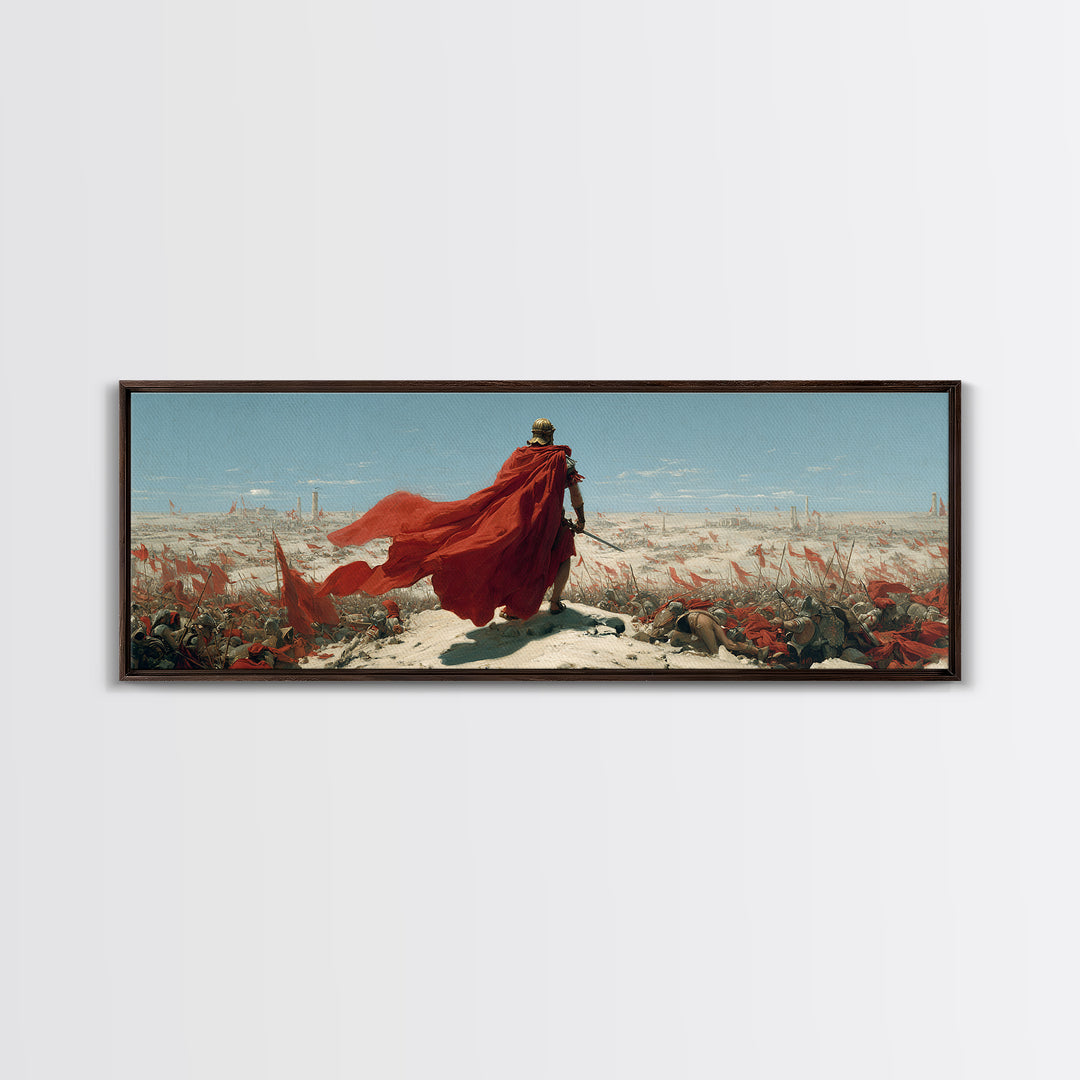 Red Cloaked Commander Over Snowy Battlefield Wall Art, Epic Fantasy Warrior, Historical Canvas Print, Statement Office Decor