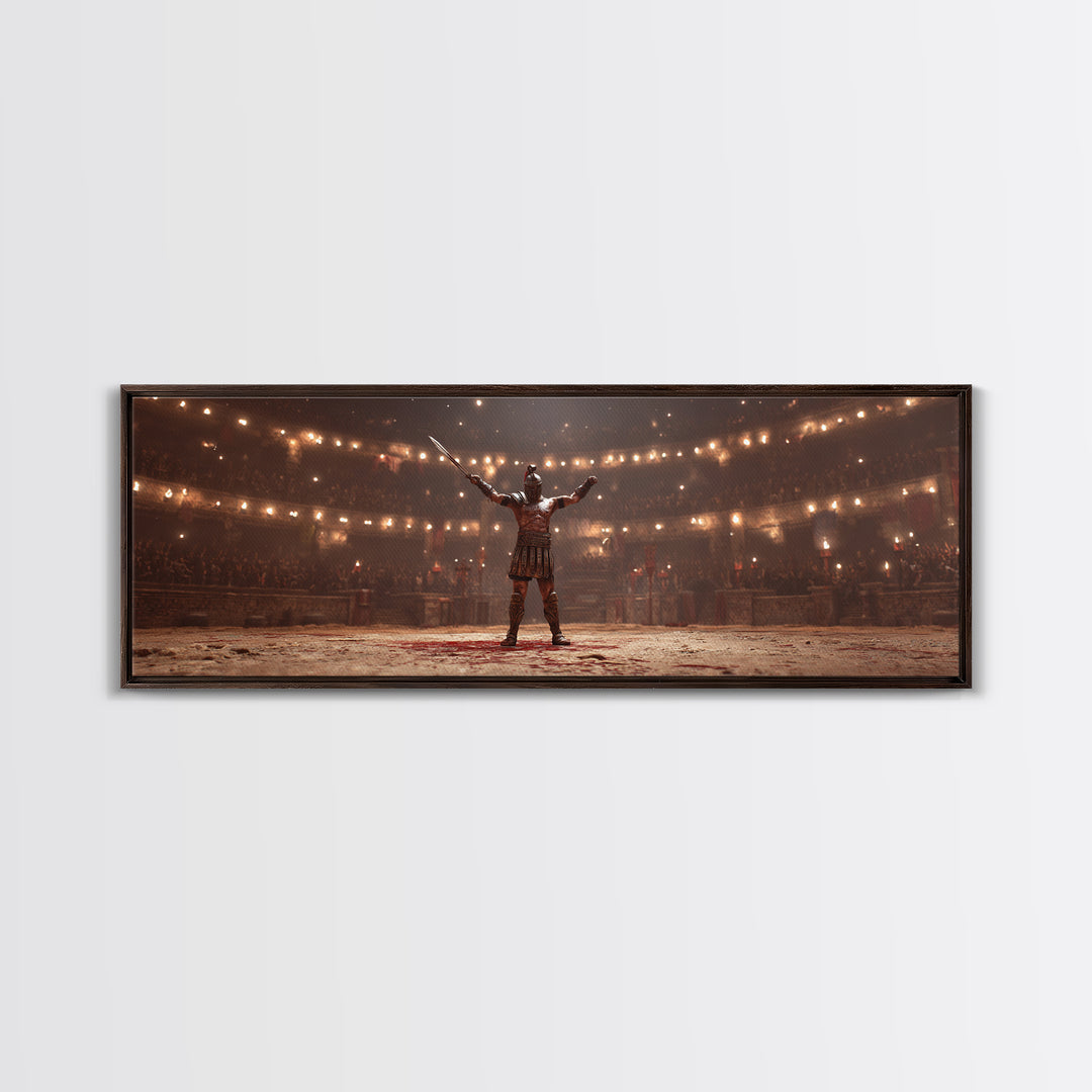 Triumphant Gladiator In Torchlit Arena Wall Art, Roman Warrior Fantasy Canvas, Epic Battle Decor, Cinematic Man Cave Art
