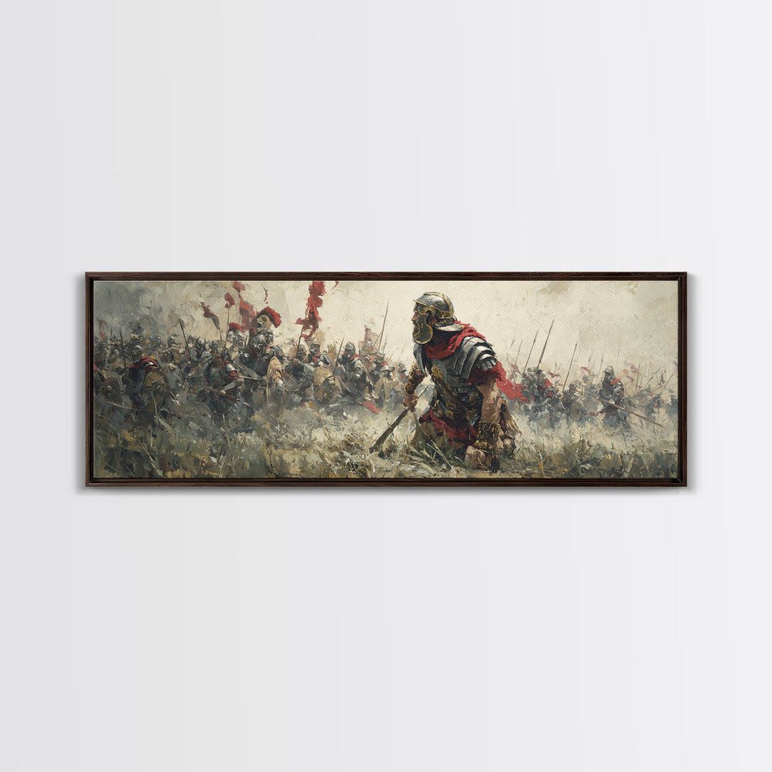 Ancient Warrior Leading Smoky Battlefield Wall Art, Panoramic Historical Battle Canvas, Masculine Office Decor Gift For Him