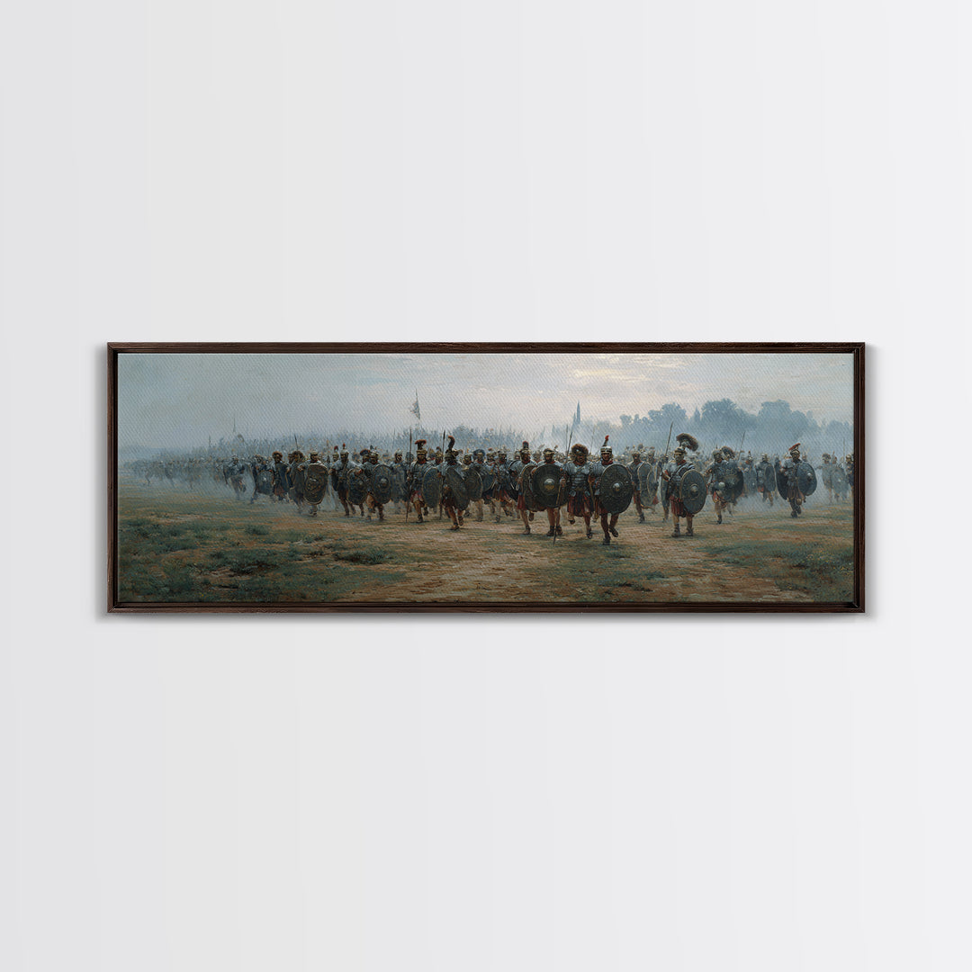 Misty Roman Army March Wall Art, Ancient Warrior Oil Painting Print, Panoramic History Decor, Large Living Room Art For Home Decor