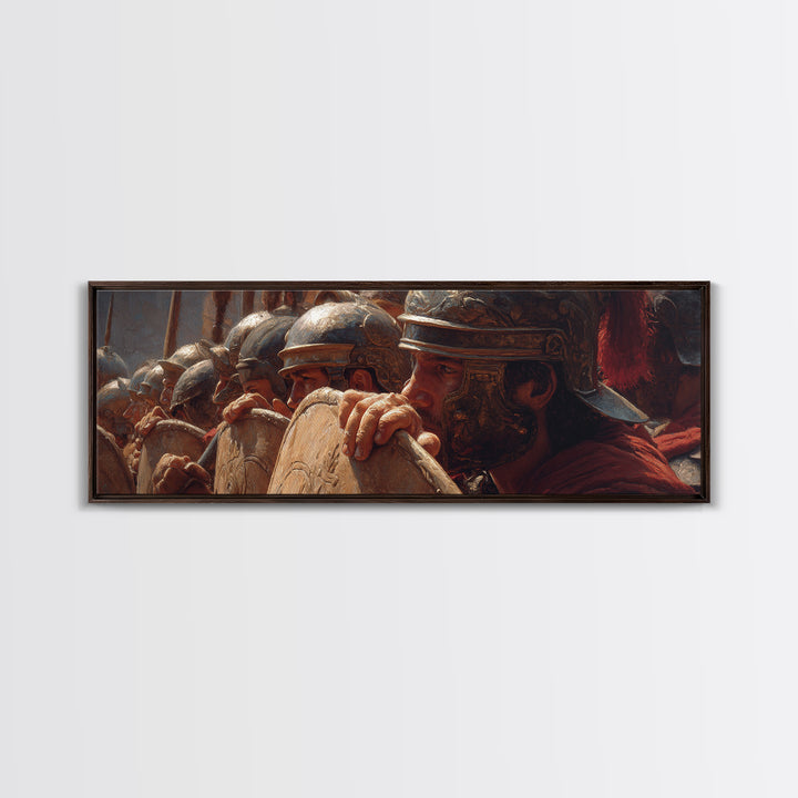 Roman Legion Shield Wall Art, Ancient Soldiers Framed Canvas Print, Historical Battle Decor For Masculine Office And Study