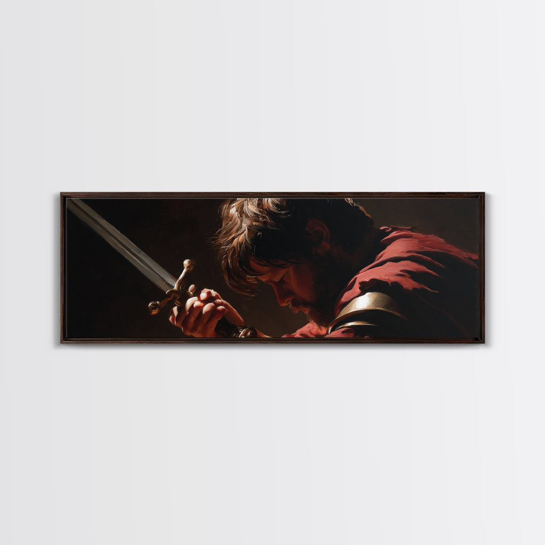 Brooding Warrior Holding Sword Wall Art, Dramatic Baroque Portrait Canvas Print, Masculine Gothic Office And Man Cave Decor