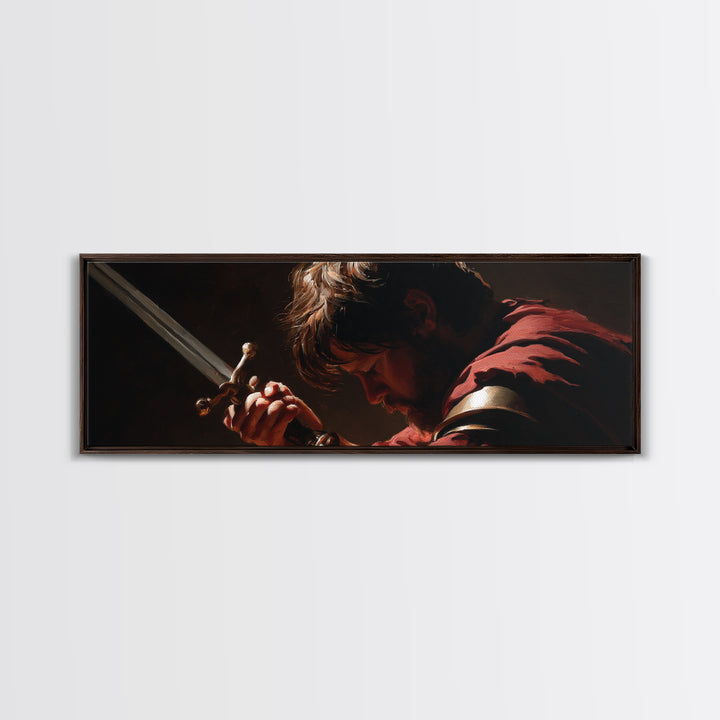 Brooding Warrior Holding Sword Wall Art, Dramatic Baroque Portrait Canvas Print, Masculine Gothic Office And Man Cave Decor