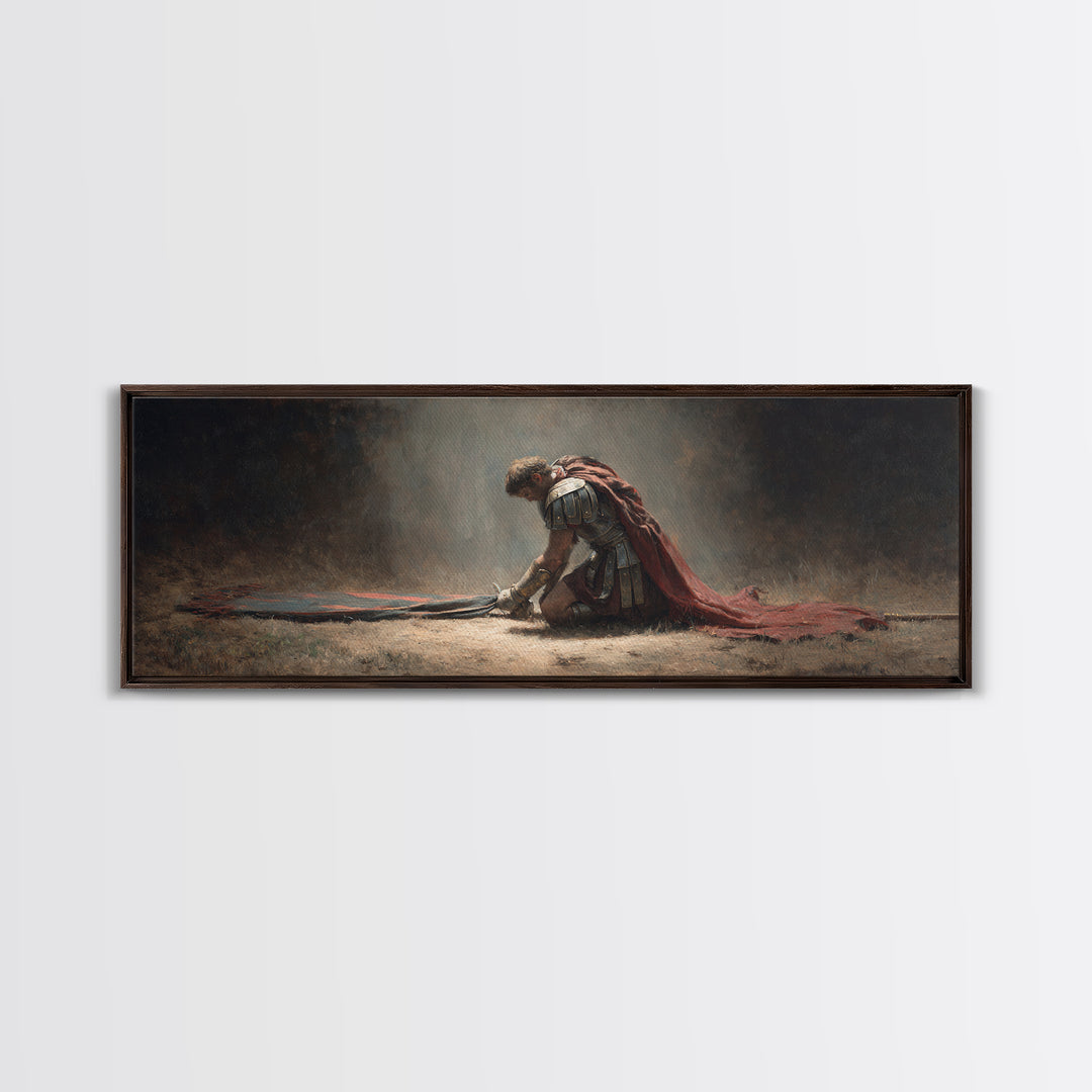 Fallen Roman Soldier With Red Cloak Framed Canvas Print, Classical Warrior Wall Art, Dark Academia Office Decor Gift For Him