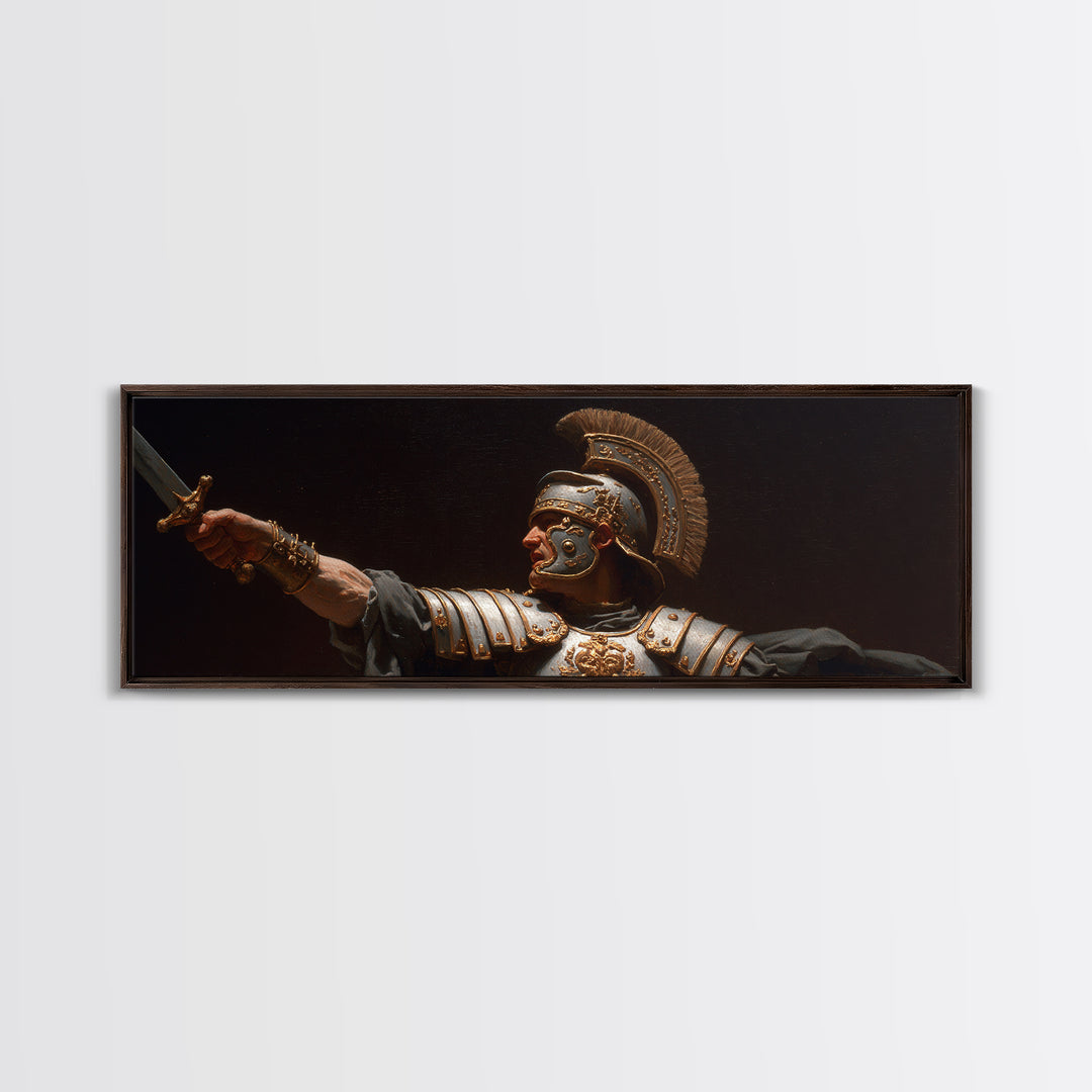 Roman Warrior Sword Portrait Framed Canvas Print, Classical Wall Art, Dark Academia Decor, Mythological Fine Art, Gift For Him