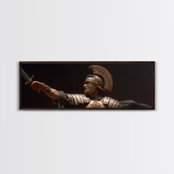 Roman Warrior Sword Portrait Framed Canvas Print, Classical Wall Art, Dark Academia Decor, Mythological Fine Art, Gift For Him